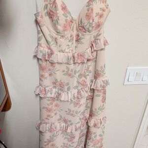Revelry Strapless Floral Dress in Pink and Cream